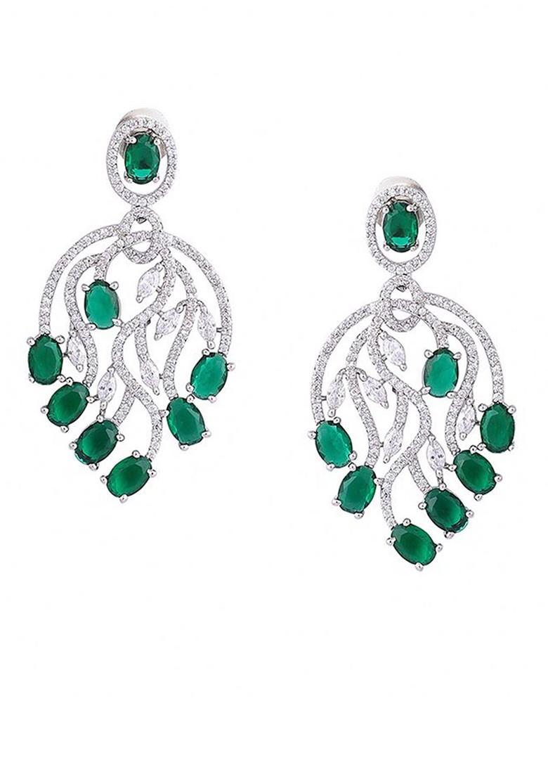 Rhodium Plated Cubic Zirconia Studded Leaf Shaped Drop Earrings - Indya