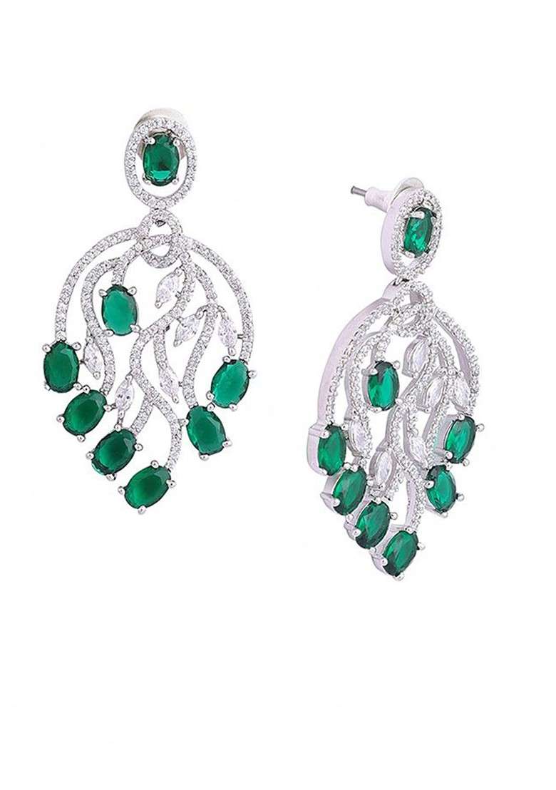 Rhodium Plated Cubic Zirconia Studded Leaf Shaped Drop Earrings - Indya