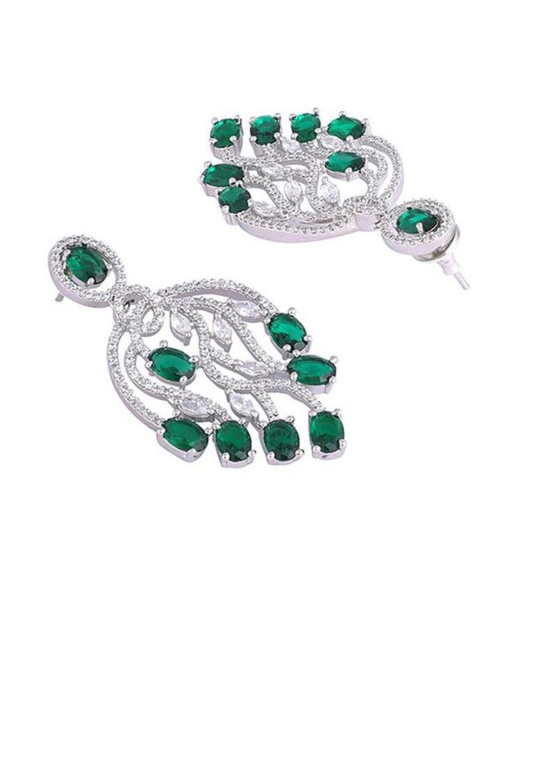 Rhodium Plated Cubic Zirconia Studded Leaf Shaped Drop Earrings - Indya