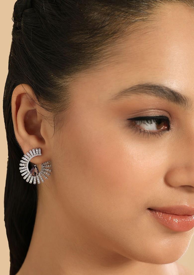 Rhodium Plated Cubic Zirconia Studded Contemporary Studs - Indya