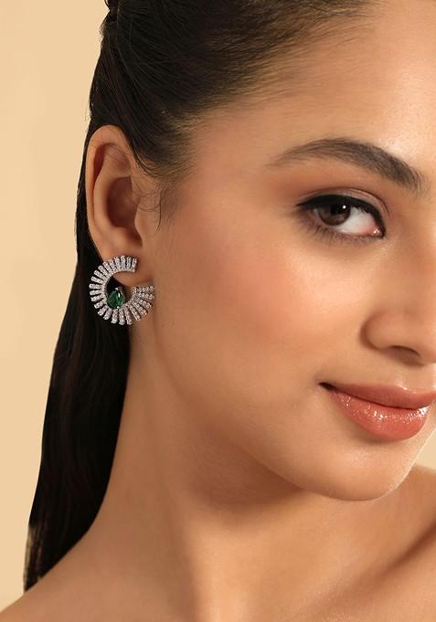 Rhodium Plated Cubic Zirconia Studded Contemporary Studs