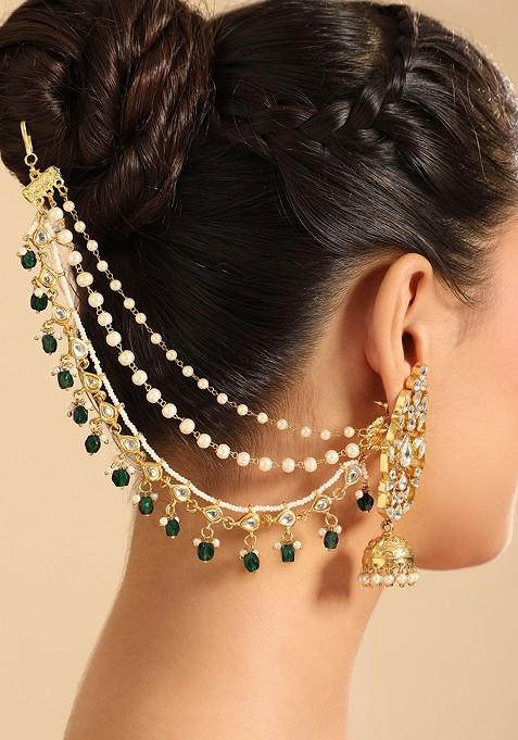 Gold Plated Kundan Studded Beaded Layered Contemporary Earchains