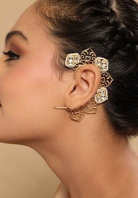 Gold Plated Kundan Studded Beaded Contemporary Ear Cuff
