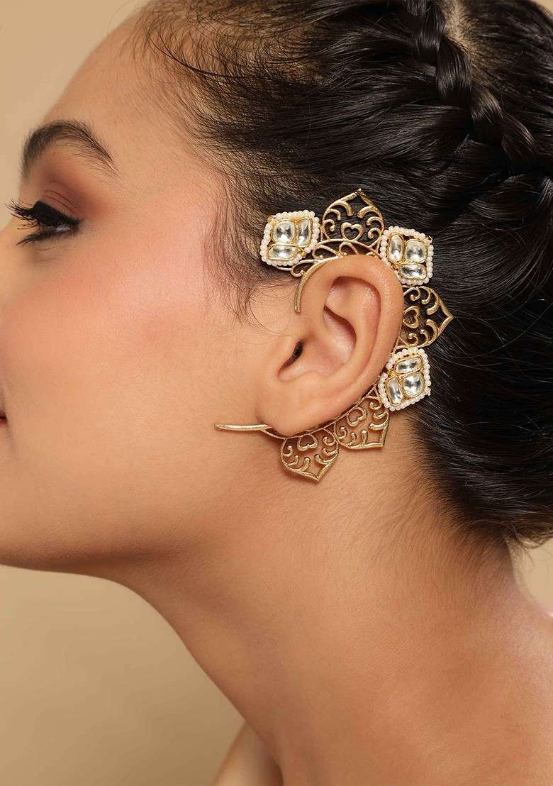 Gold Plated Kundan Studded Beaded Contemporary Ear Cuff - Indya