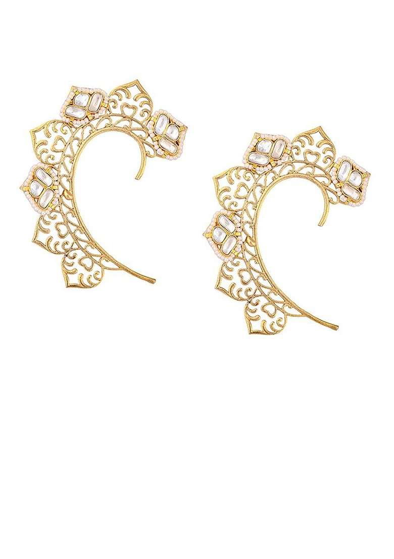 Gold Plated Kundan Studded Beaded Contemporary Ear Cuff - Indya