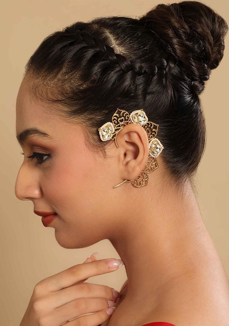 Gold Plated Kundan Studded Beaded Contemporary Ear Cuff - Indya