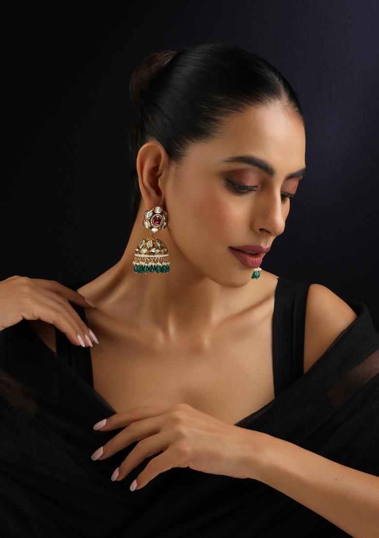 Green Kundan Silver Earrings - Indya