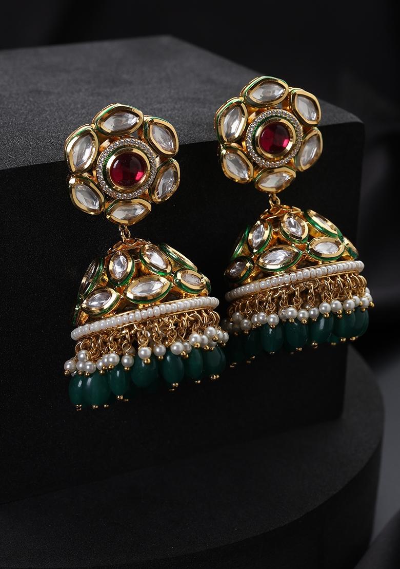 Green Kundan Silver Earrings - Indya