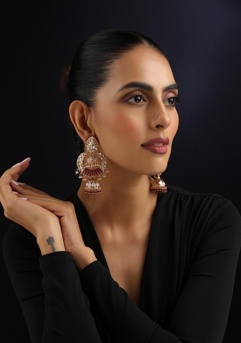 Red Polki Brass Earrings - Indya