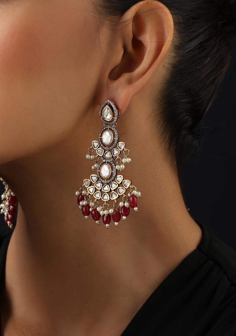 Red Polki Brass Earrings - Indya