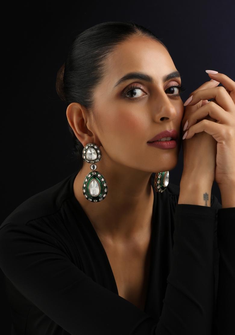 Green Polki Brass Earrings - Indya