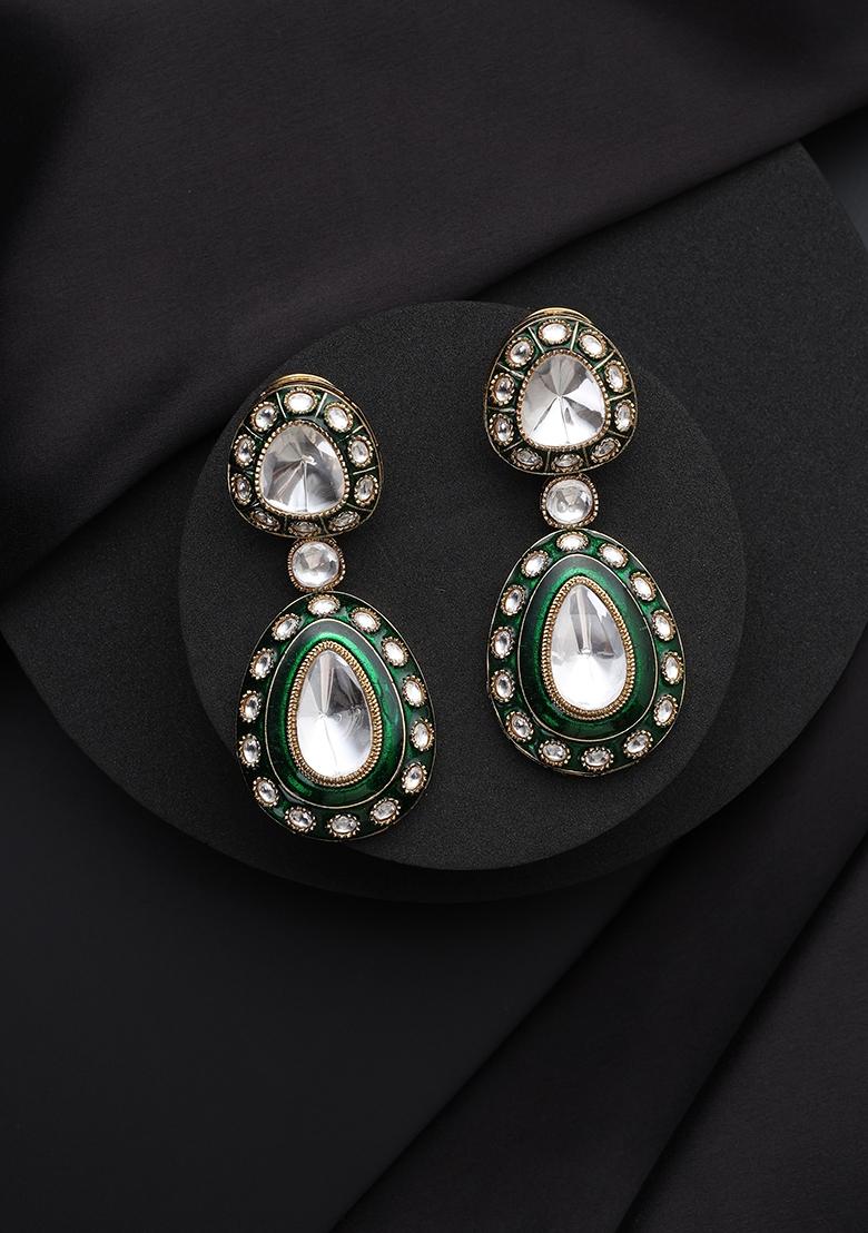 Green Polki Brass Earrings - Indya