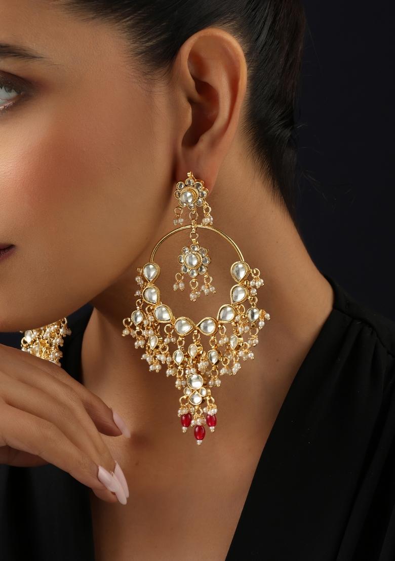 Red Kundan Brass Earrings - Indya