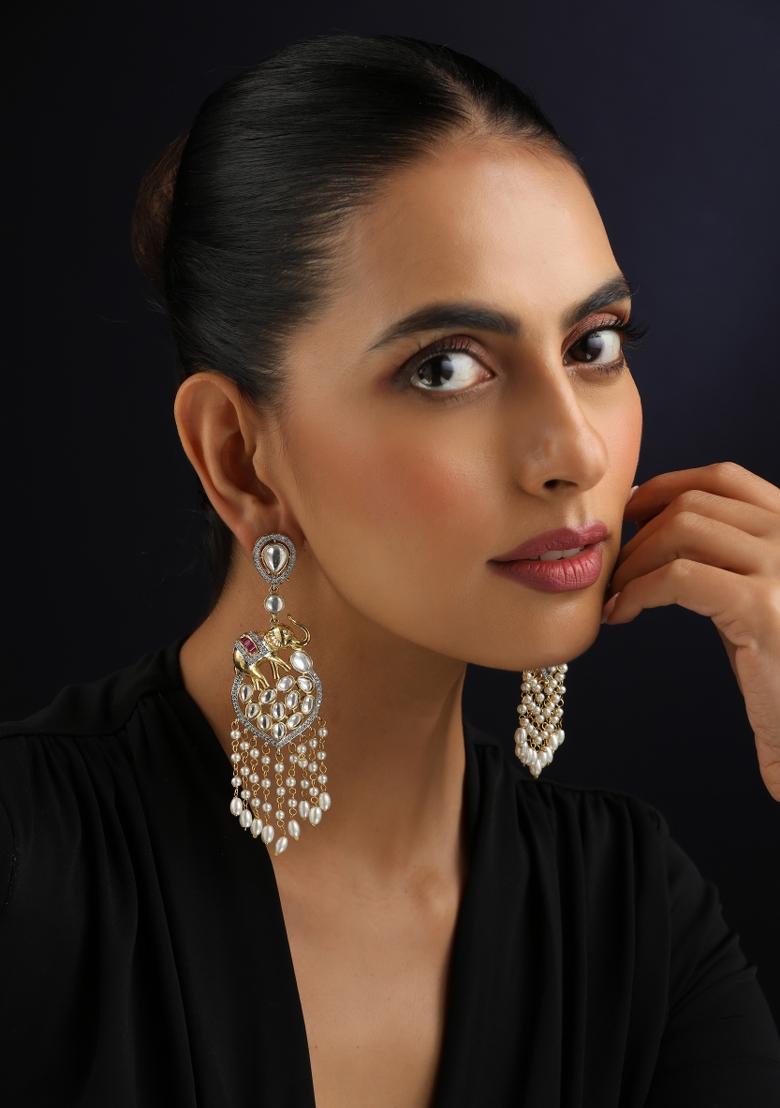 White Polki Silver Earrings - Indya