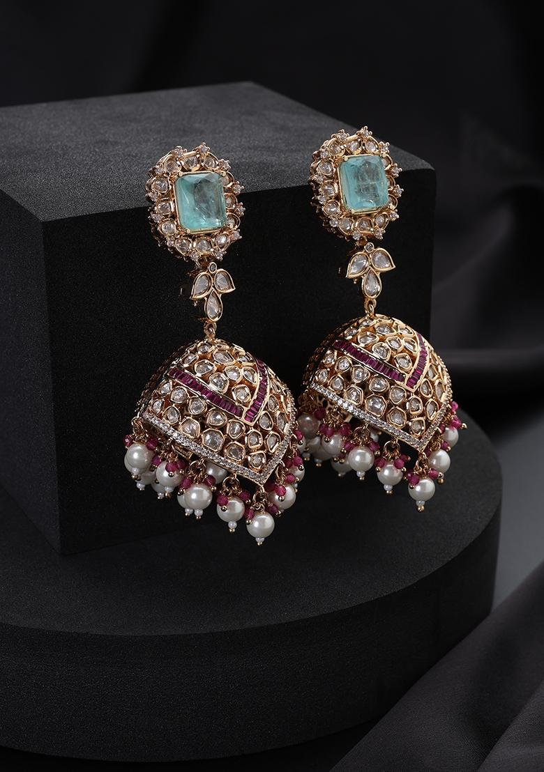 Mint Polki Silver Earrings - Indya