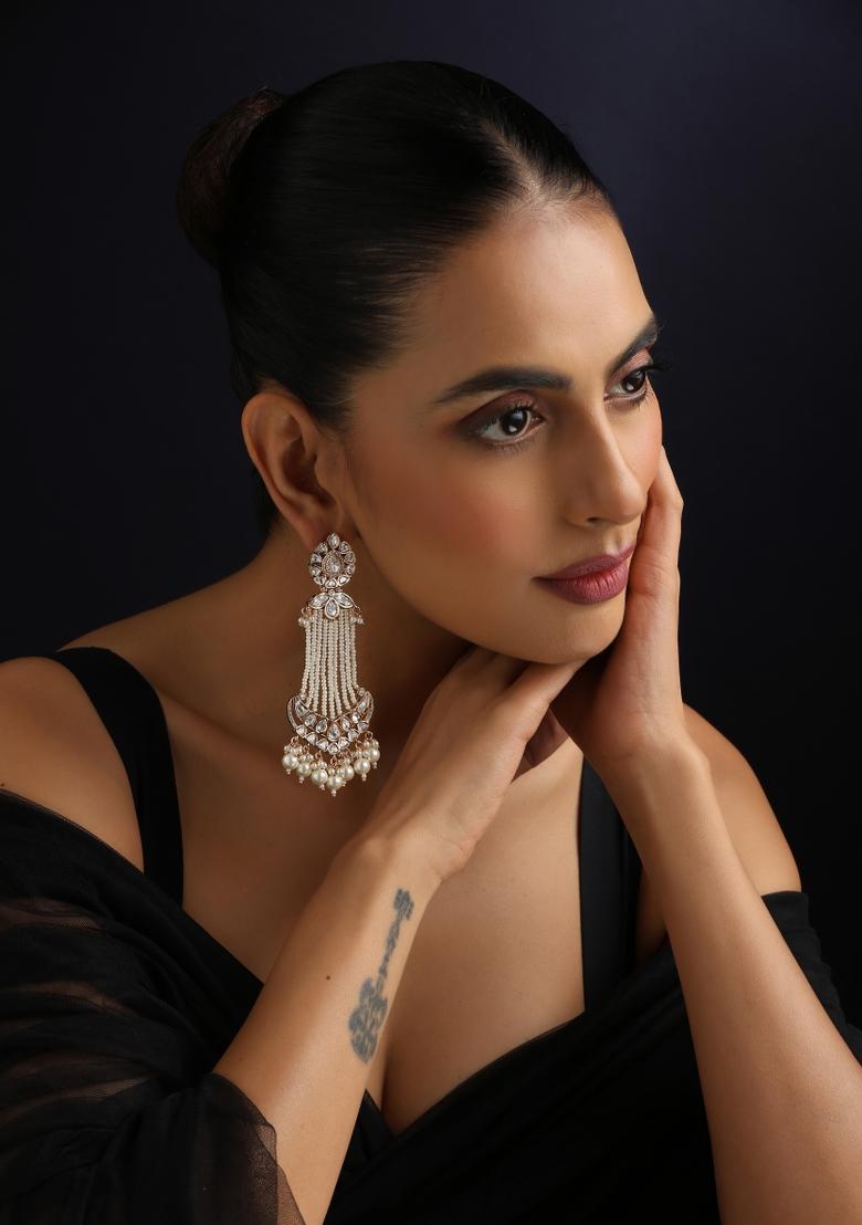 White Polki Brass Earrings - Indya