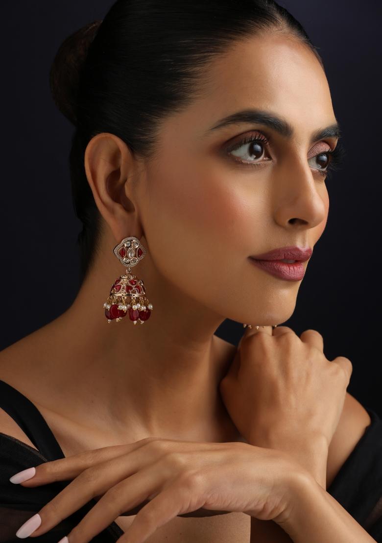 Red Polki Brass Earrings - Indya