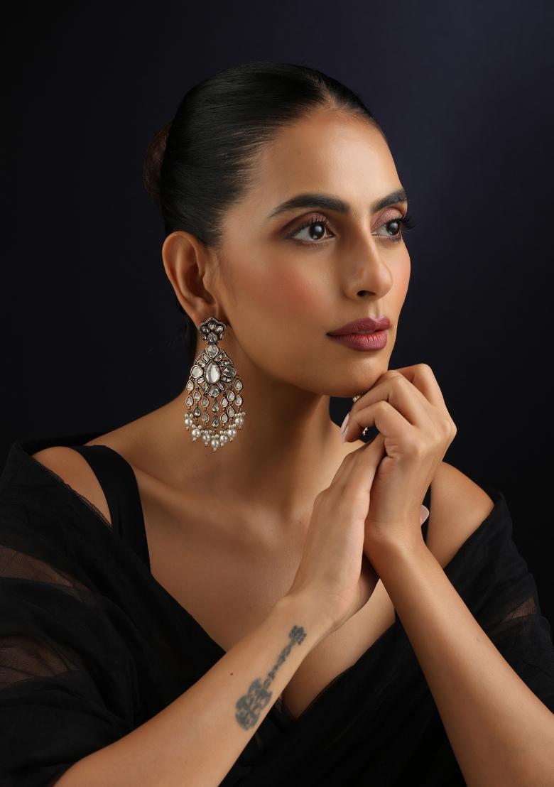 White Polki Brass Earrings - Indya