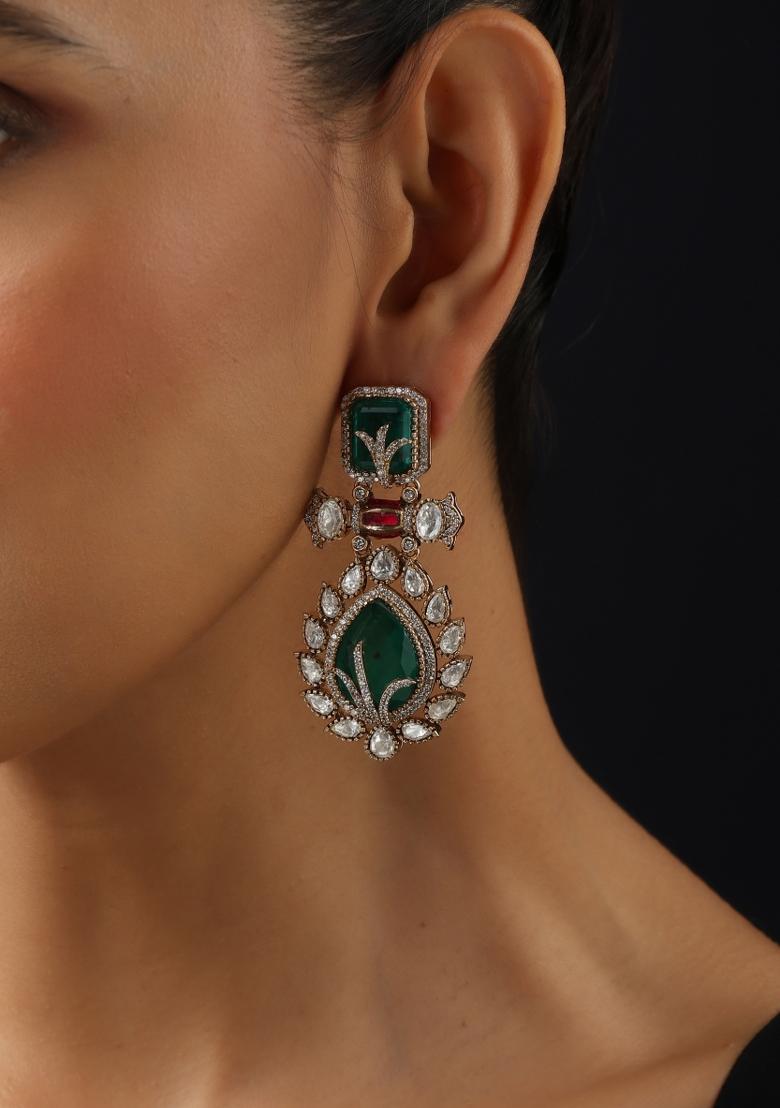 Green Polki Brass Earrings - Indya