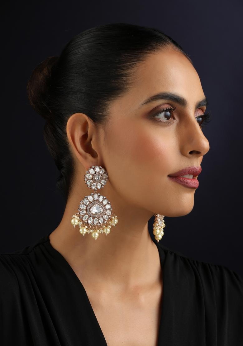 White Polki Brass Earrings - Indya