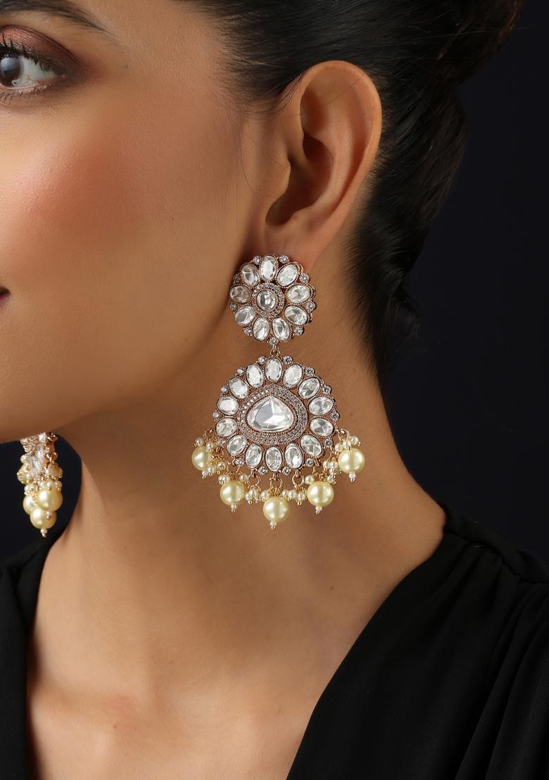 White Polki Brass Earrings - Indya