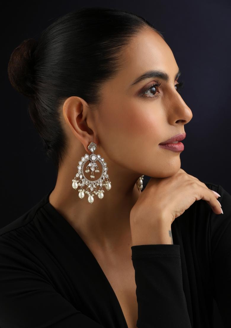 White Polki Brass Earrings - Indya