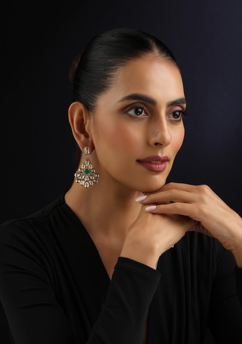 Green Kundan Brass Earrings - Indya