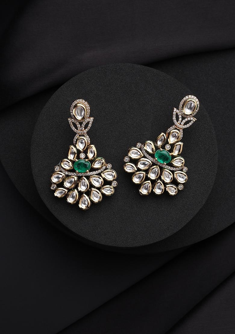 Green Kundan Brass Earrings - Indya
