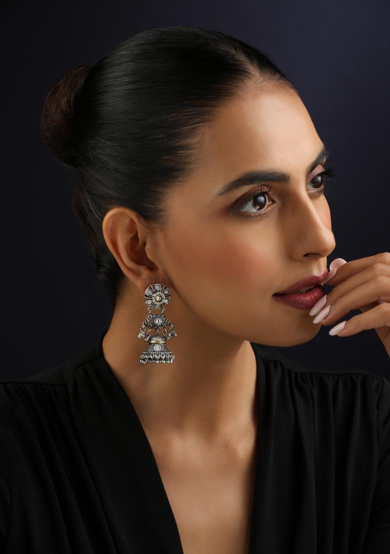 Silver Kundan Brass Earrings - Indya