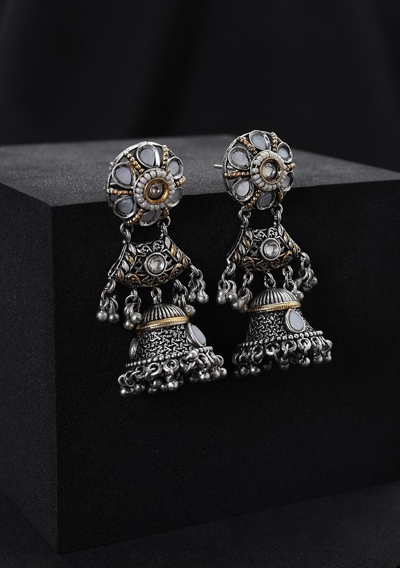 Silver Kundan Brass Earrings - Indya