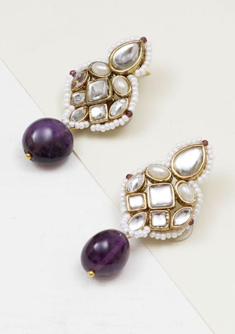 Purple Semi Precious Purple Stone Mixed Alloy Earrings - Indya