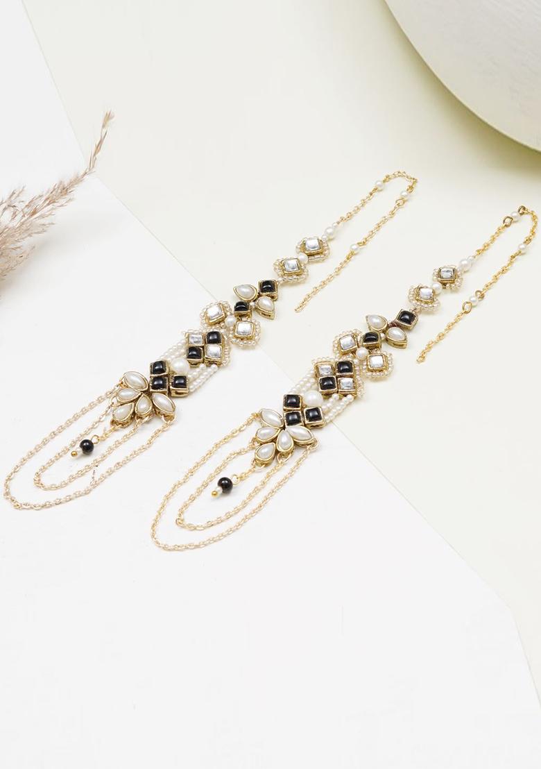 Black Glass Kundan Mixed Alloy Earrings - Indya