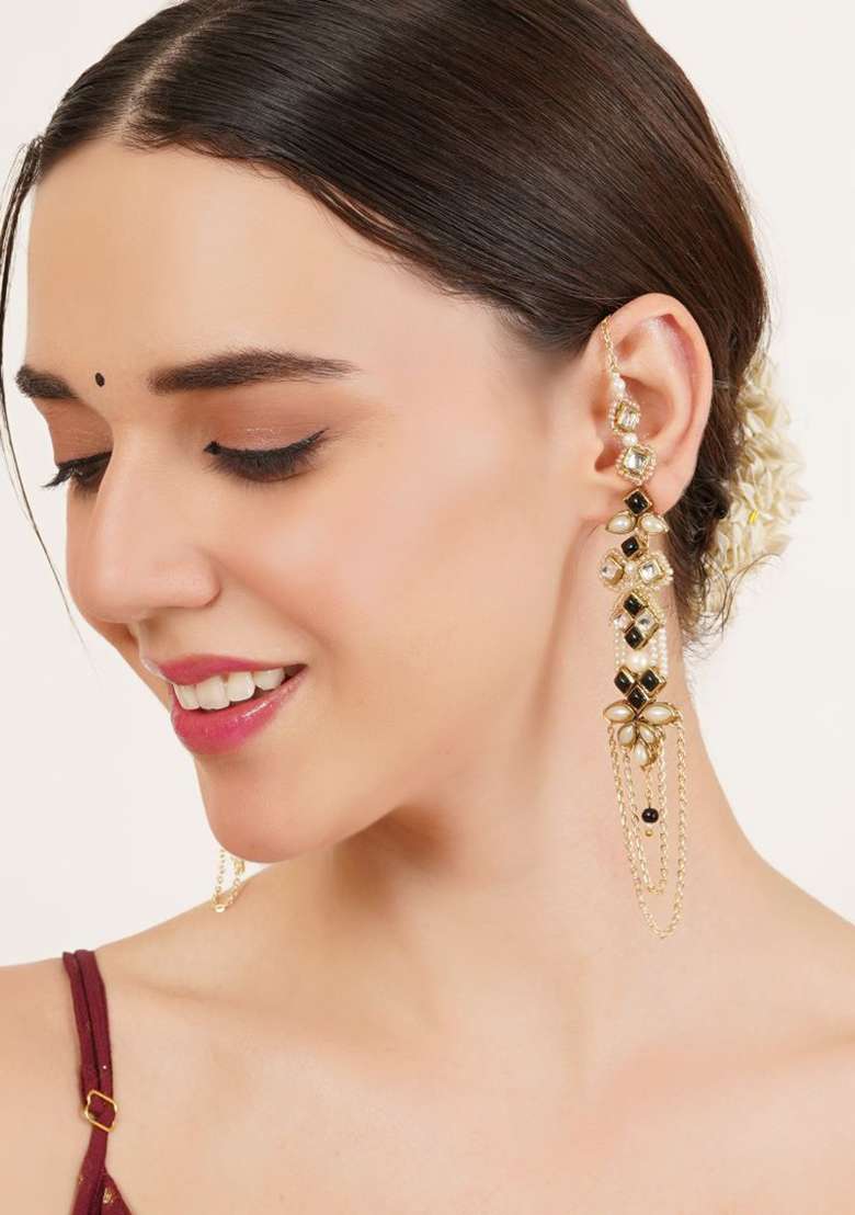 Black Glass Kundan Mixed Alloy Earrings - Indya