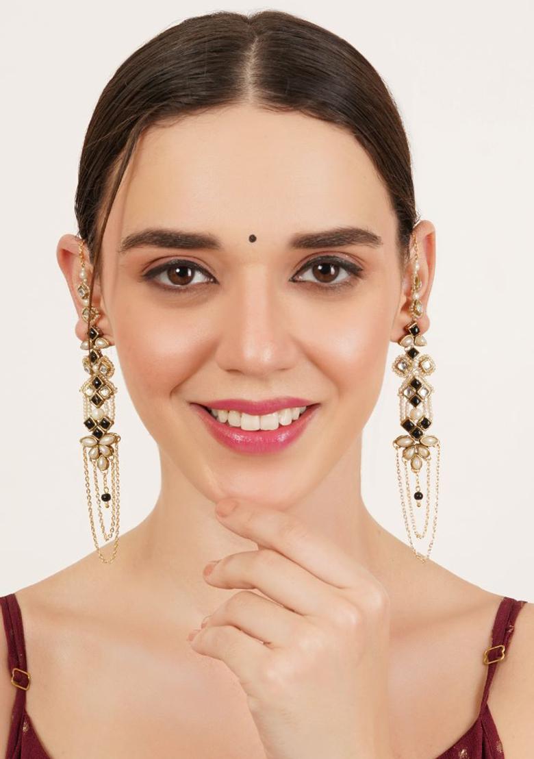 Black Glass Kundan Mixed Alloy Earrings - Indya
