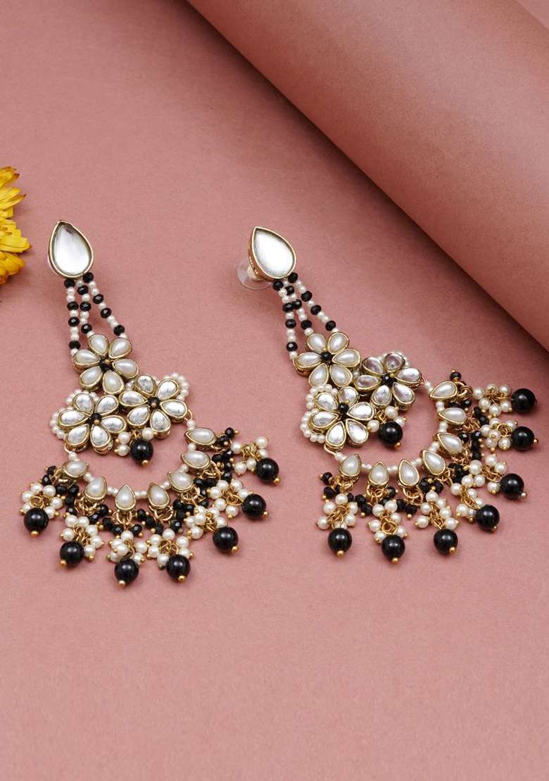Black Glass Kundan Mixed Alloy Earrings - Indya