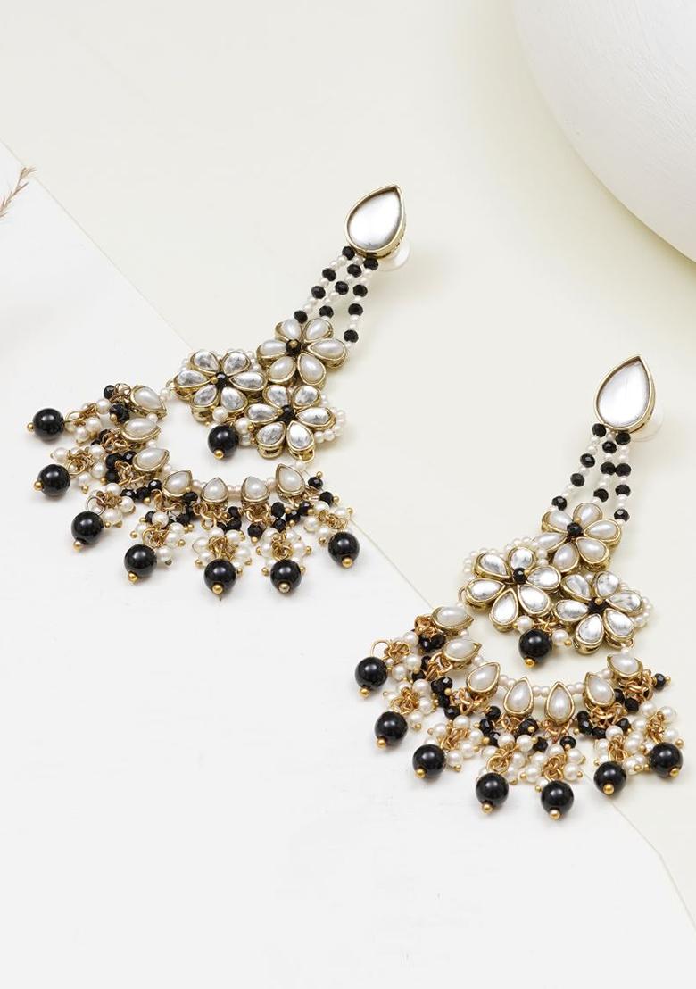 Black Glass Kundan Mixed Alloy Earrings - Indya