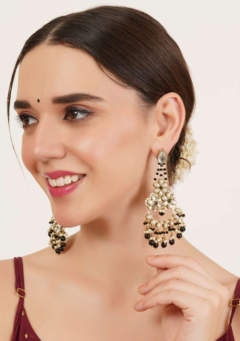 Black Glass Kundan Mixed Alloy Earrings - Indya