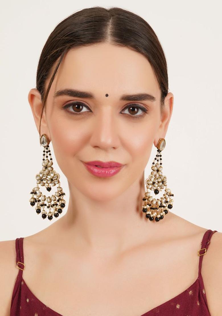 Black Glass Kundan Mixed Alloy Earrings - Indya