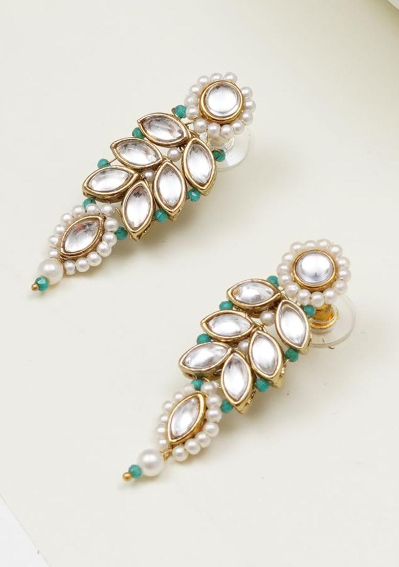 Green Glass Kundan Mixed Alloy Earrings - Indya