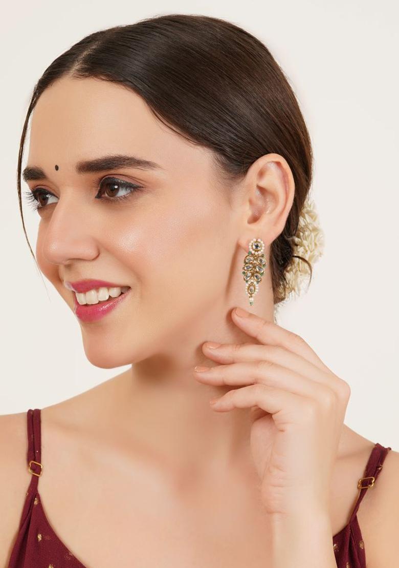 Green Glass Kundan Mixed Alloy Earrings - Indya