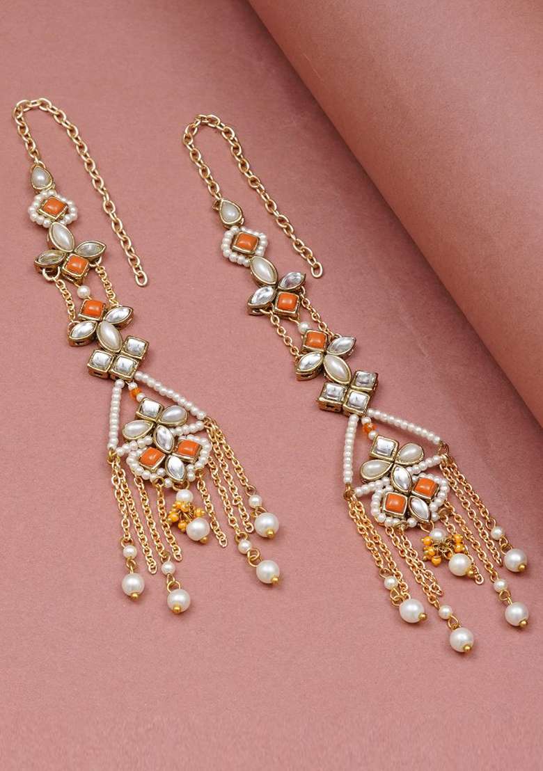 Orange Glass Kundan Mixed Alloy Earrings - Indya