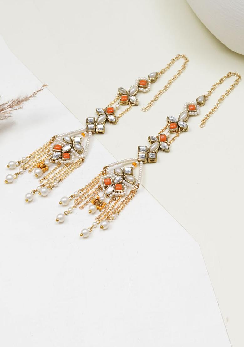 Orange Glass Kundan Mixed Alloy Earrings - Indya