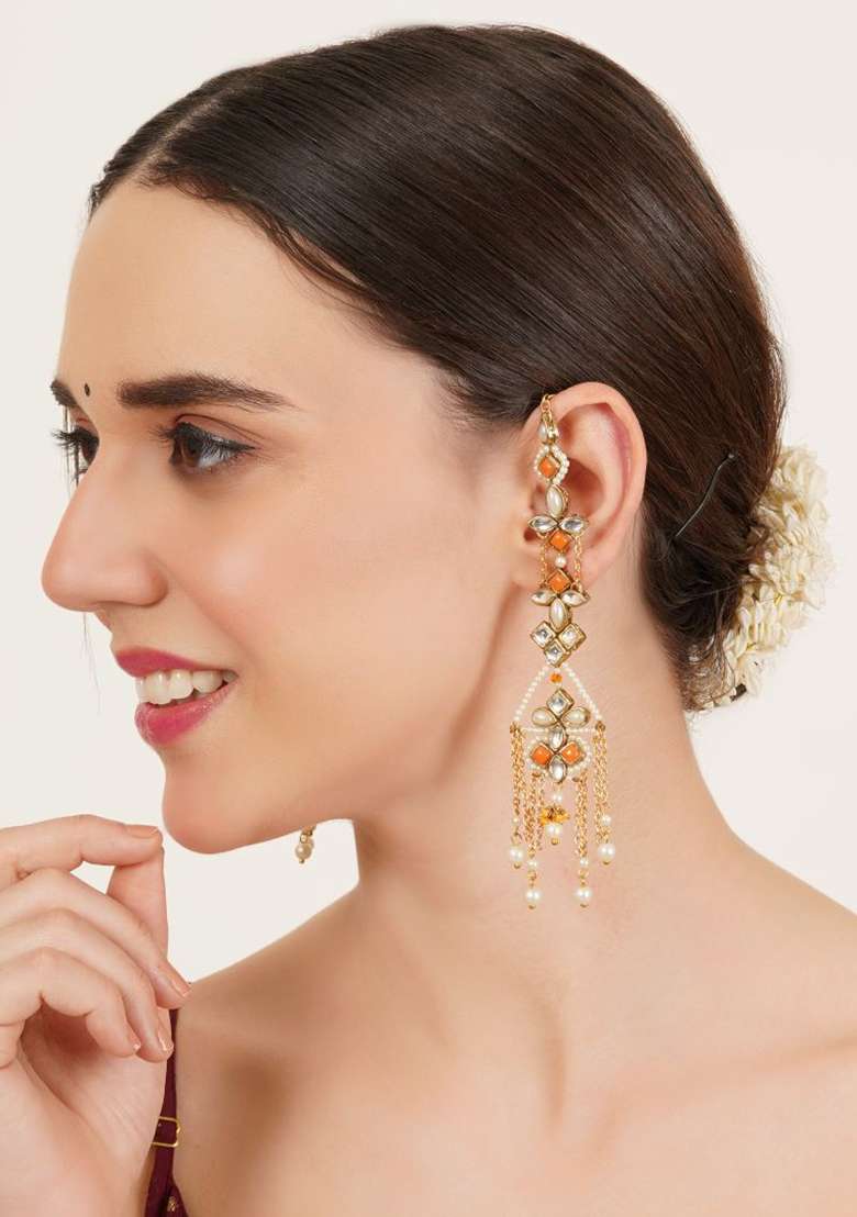 Orange Glass Kundan Mixed Alloy Earrings - Indya