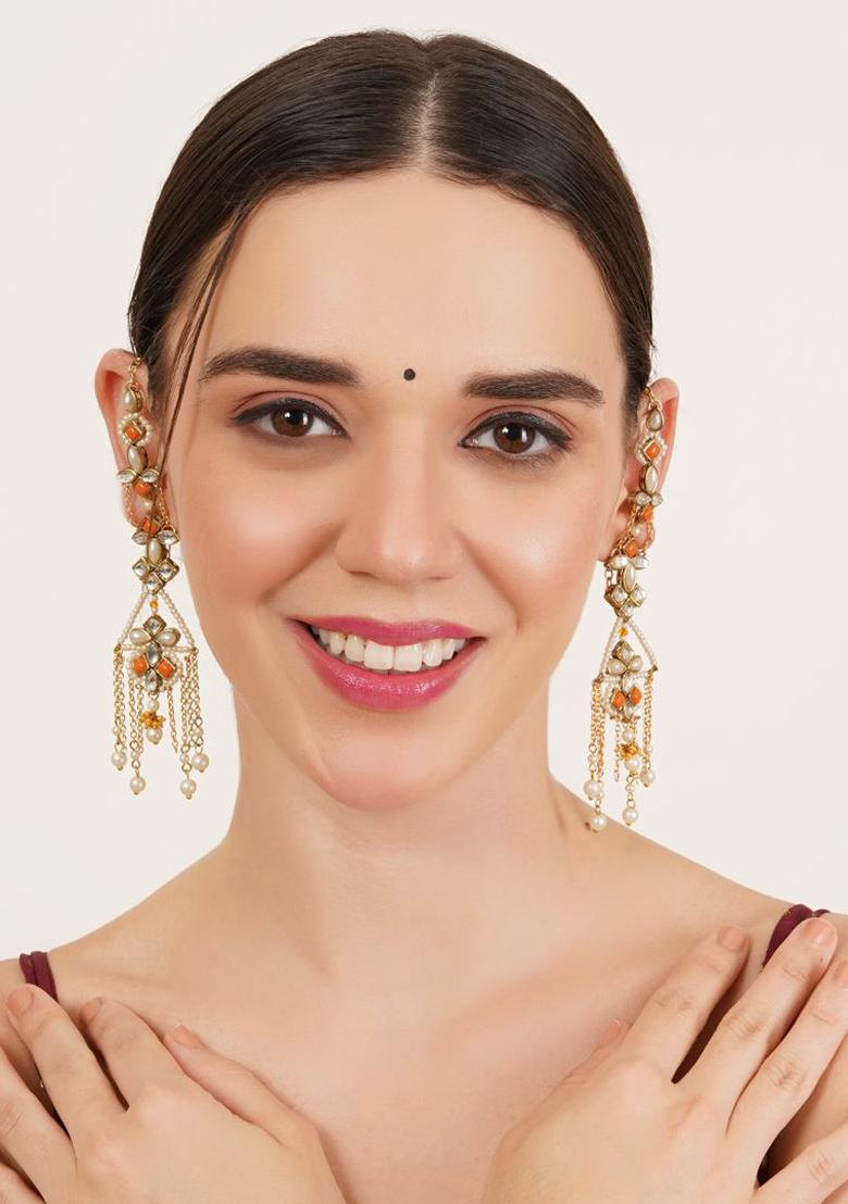 Orange Glass Kundan Mixed Alloy Earrings - Indya