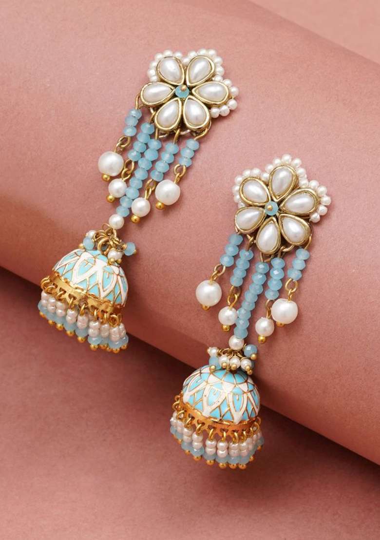 Blue Enamel Jhumki Glass Kundan Mixed Alloy Earrings - Indya