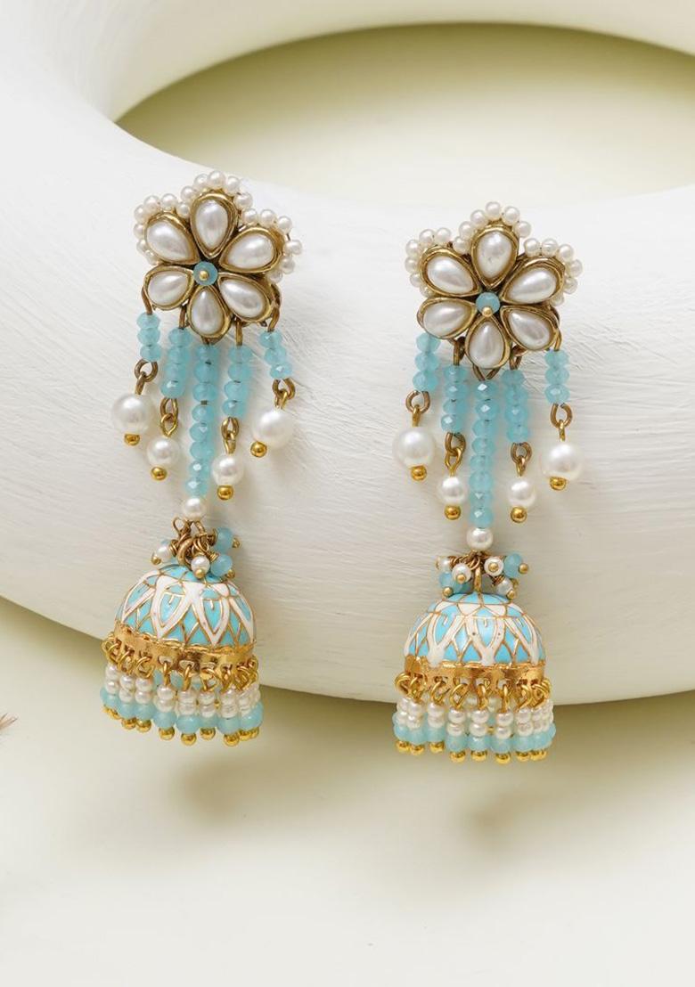 Blue Enamel Jhumki Glass Kundan Mixed Alloy Earrings - Indya
