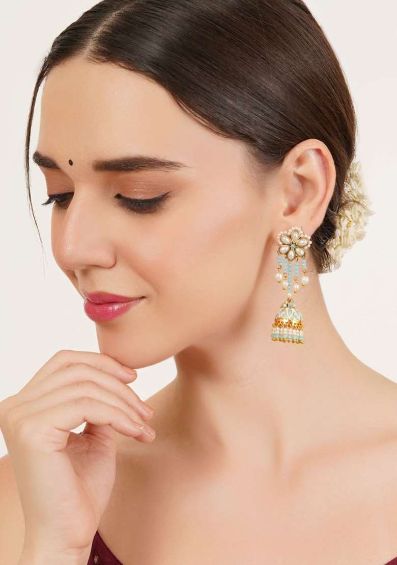 Blue Enamel Jhumki Glass Kundan Mixed Alloy Earrings - Indya