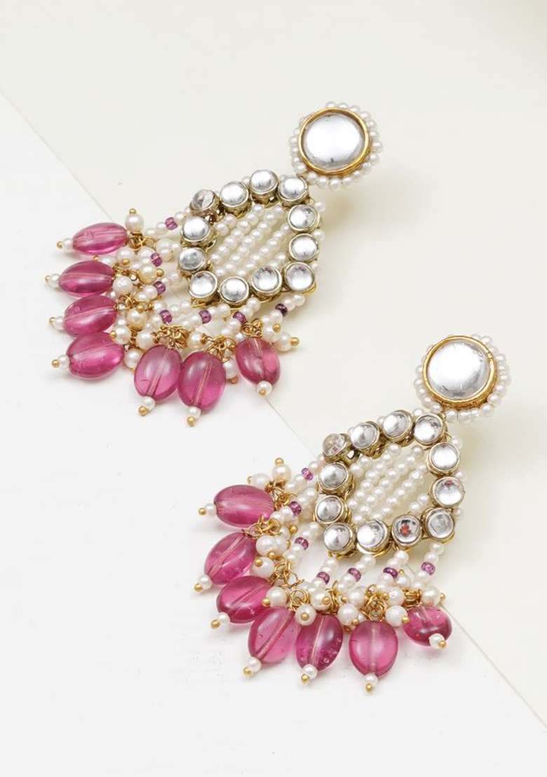 Pink Glass Kundan Mixed Alloy Earrings - Indya