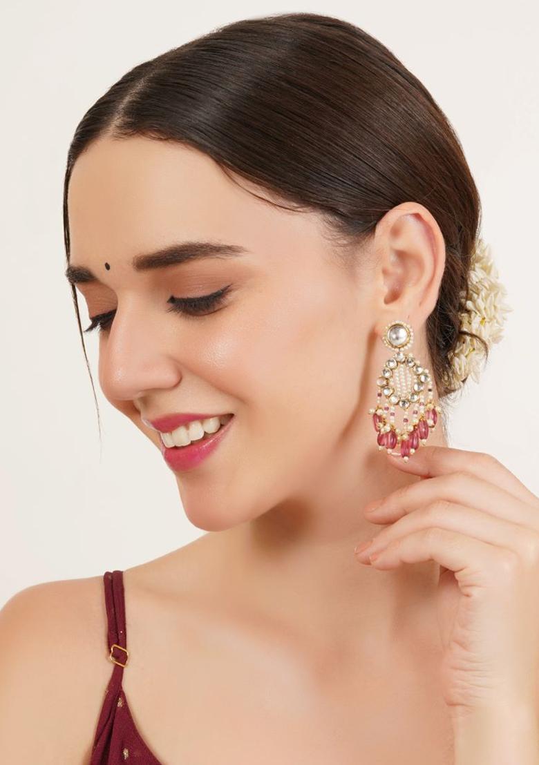 Pink Glass Kundan Mixed Alloy Earrings - Indya