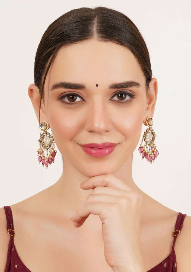 Pink Glass Kundan Mixed Alloy Earrings - Indya